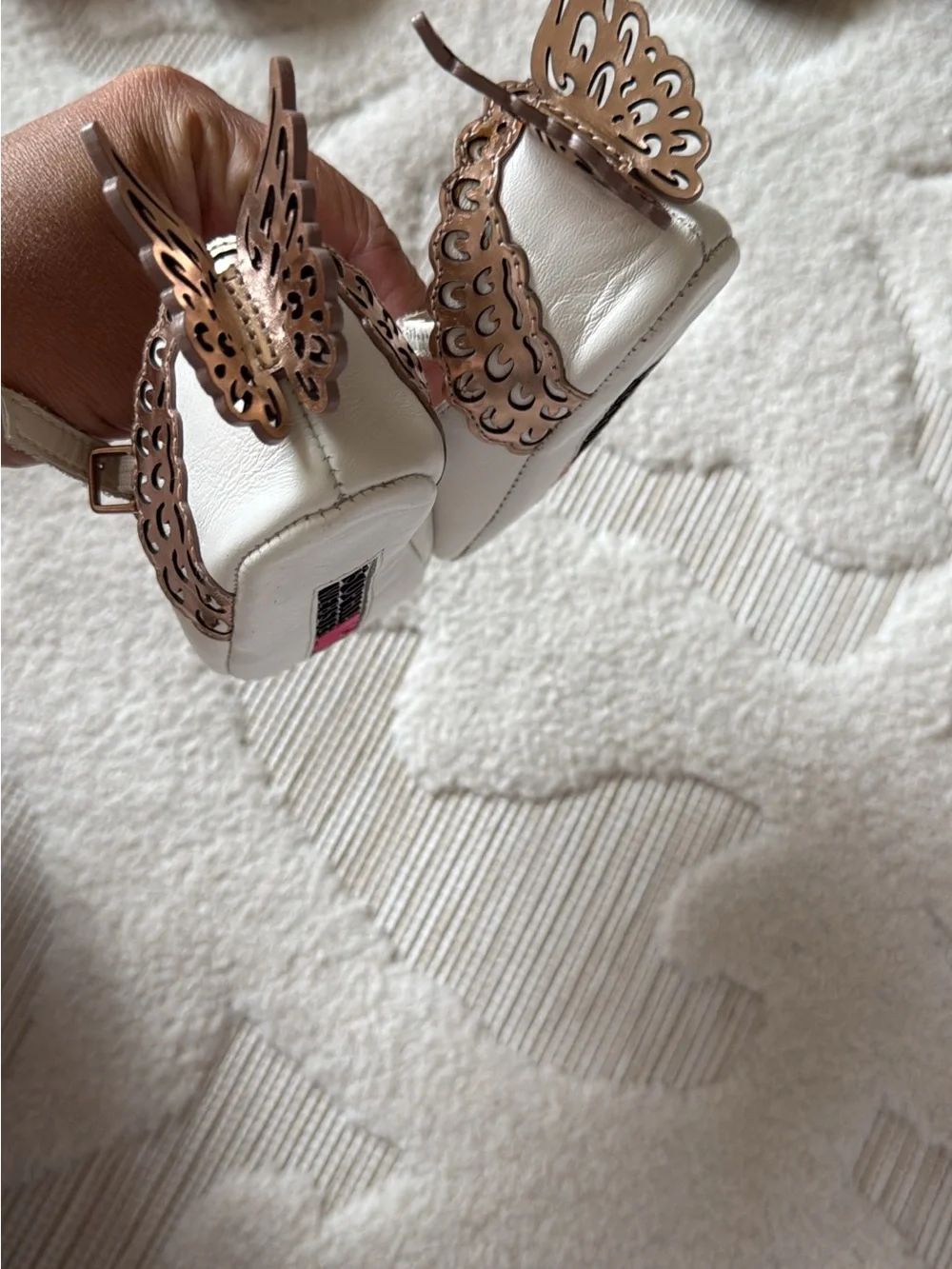 Sophia Webster Girls White Mary Jane Shoes with Rose Gold Butterfly Wings